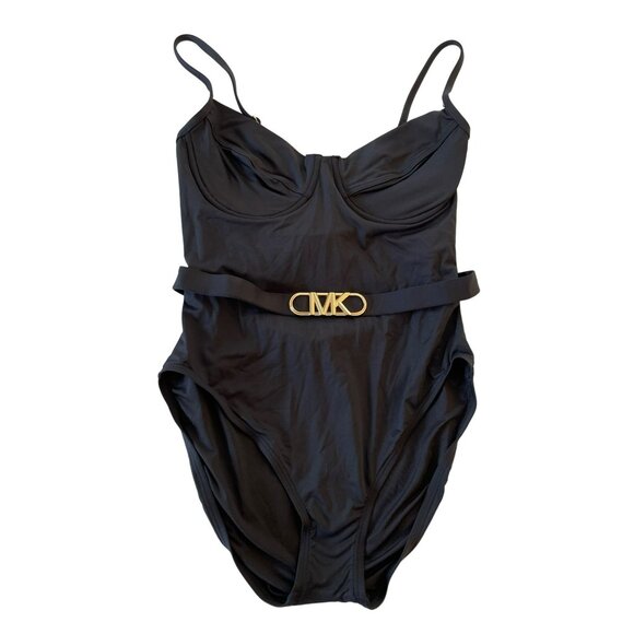 Michael Kors Sz 14 Logo Belt Black Underwire One Piece Bathing Suit NEW - Picture 4 of 9